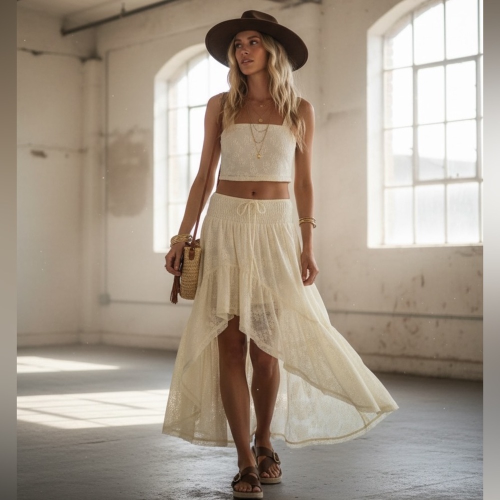 Promesa Sheer Floral Lace Asymmetrical High Low Ruffle Hem Maxi Skirt